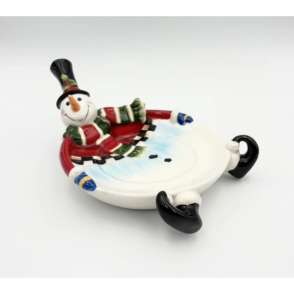 Fitz and Floyd Sullivan Snowman Candle Holder Plate Trinket Dish Vintage 2006